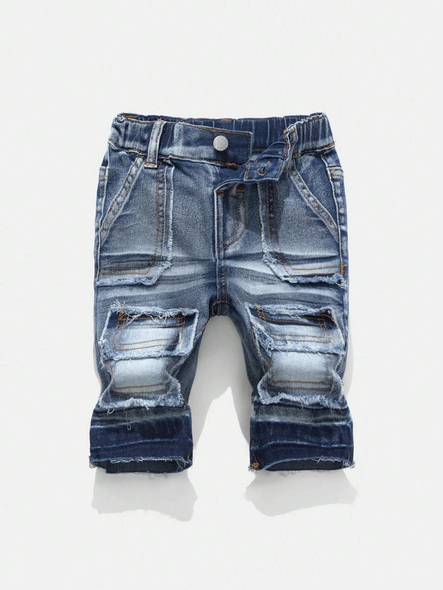 SHEIN Pantalones cortos vaqueros azules de niño con lavado desgastado retro, bolsillos con ribetes crudos, y efecto bigotes de gato, elásticos, para ropa de niños de primavera/verano y atuendos de estilo urbano