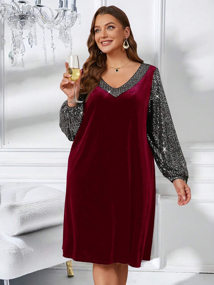 EMERY ROSE Plus Size Christmas V-Neck Sequins Patchwork Elegant Long Sleeve Winter Dress Christmas Dress