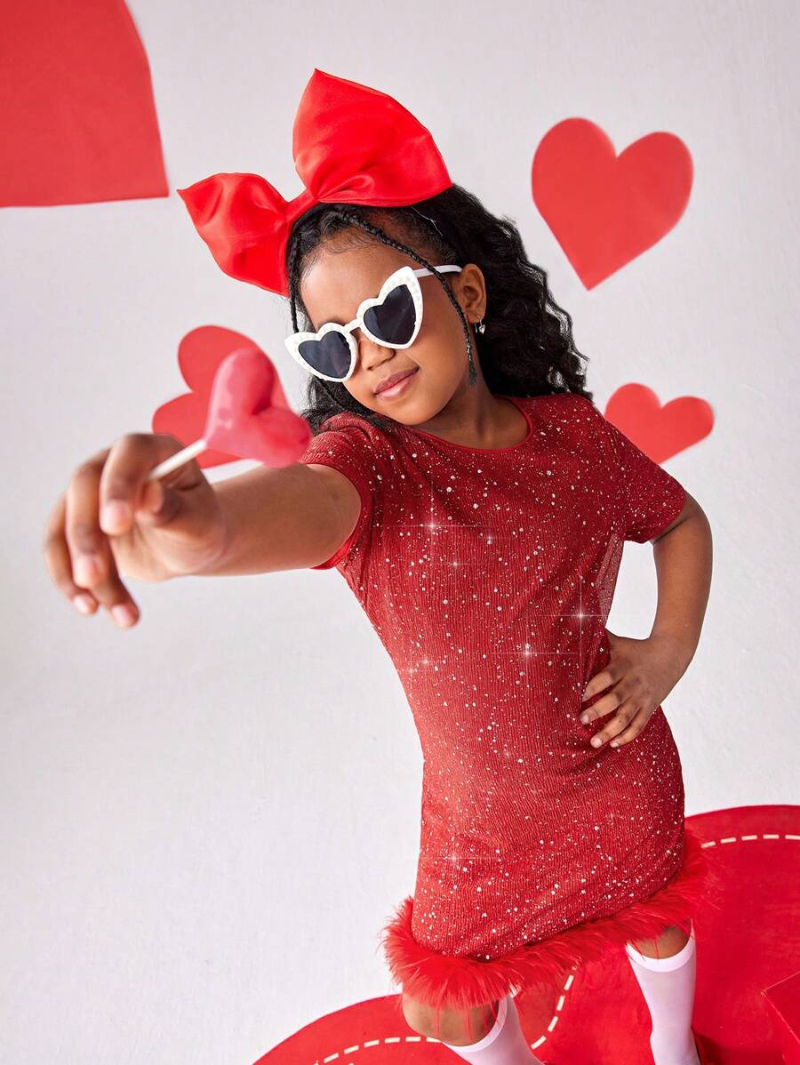 Vestidos para niñas preadolescentes - Vestido de manga corta con empalme, cuello de piel sintética y tela brillante en rojo elegante y de estilo callejero para niñas preadolescentes. Con un diseño glamoroso y encantador, adecuado para fiestas de Año Nuevo, salidas, San Valentín y todas las estaciones.