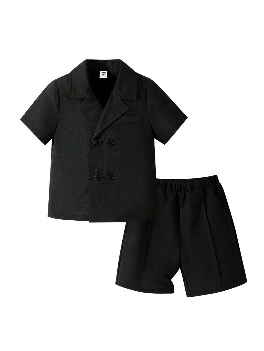 SHEIN 2pcs/Set Young Boys Elegant School Uniform Blazer And Shorts Black Suit Set, Versatile For Weddings, Graduations, Anniversaries, Parties, Balls, Birthdays, Commuting, School, Daily Leisure, Vacation, Travel, Sports, Suitable For Young Boy, School Boys Outfits, Family Matching Outfits, Spring And Summer Season.