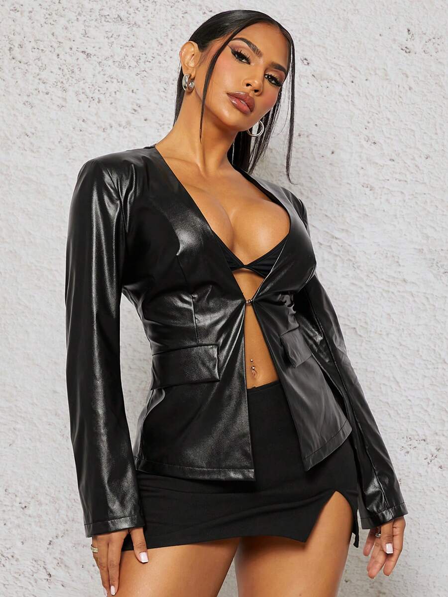 SHEIN SXY Traje de chaqueta negro con escote profundo en V para uso en la oficina