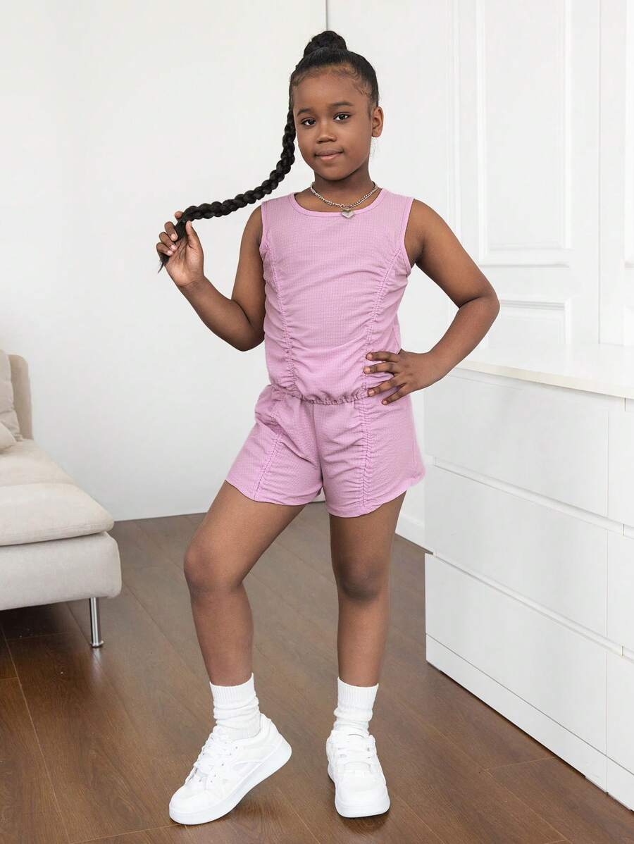 Conjunto de 2 piezas para niñas preadolescentes: top de tirantes acanalado de cuello redondo con pliegues y shorts, adecuado para salir, ir a la escuela y vacaciones de primavera/verano