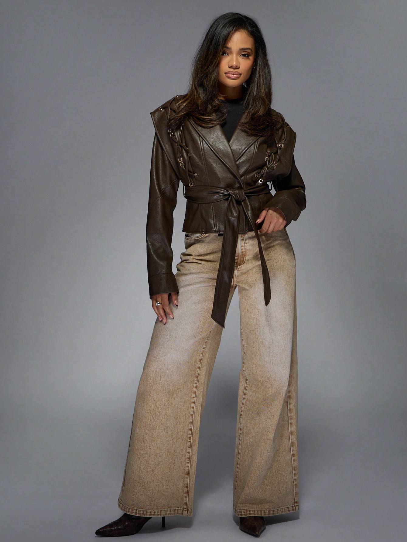 Faux Leather Cropped Motorcycle Jacket, Lace-Up, Edgy