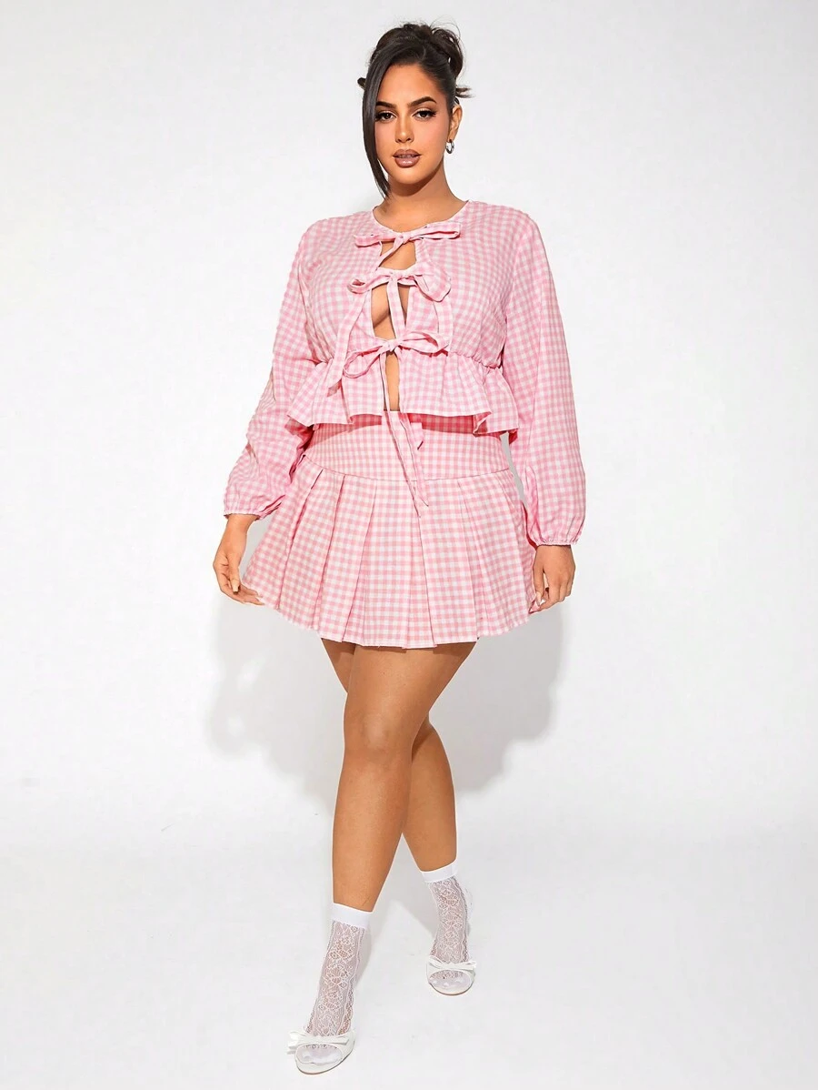 SHEIN SXY Plus Size Women Plaid Cardigan With Tie Cuffs And Plaid Pleated Mini Skirt 2 Pieces Set