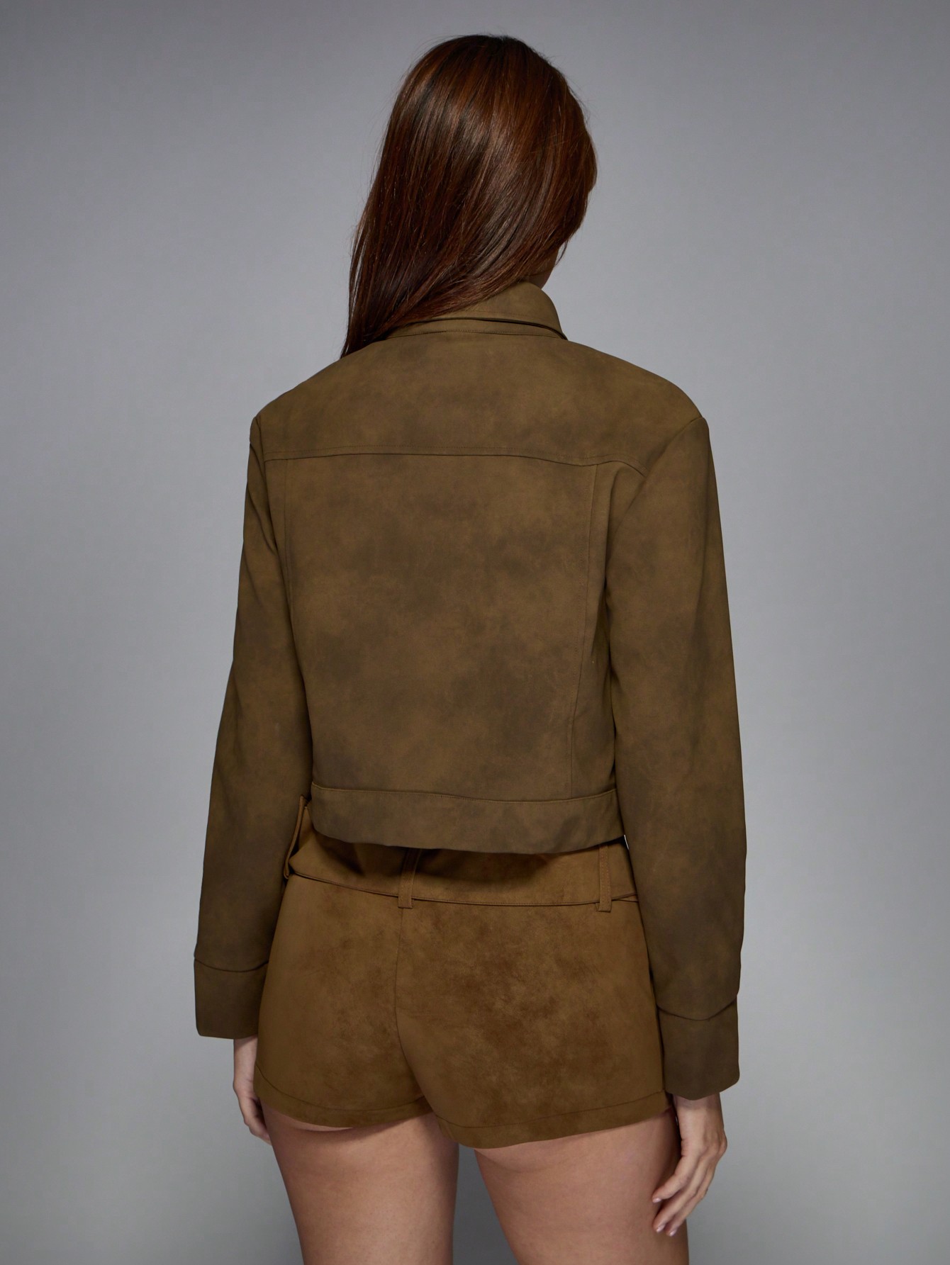 Cropped Suede Biker Moto Jacket With Asymmetrical Zipper
