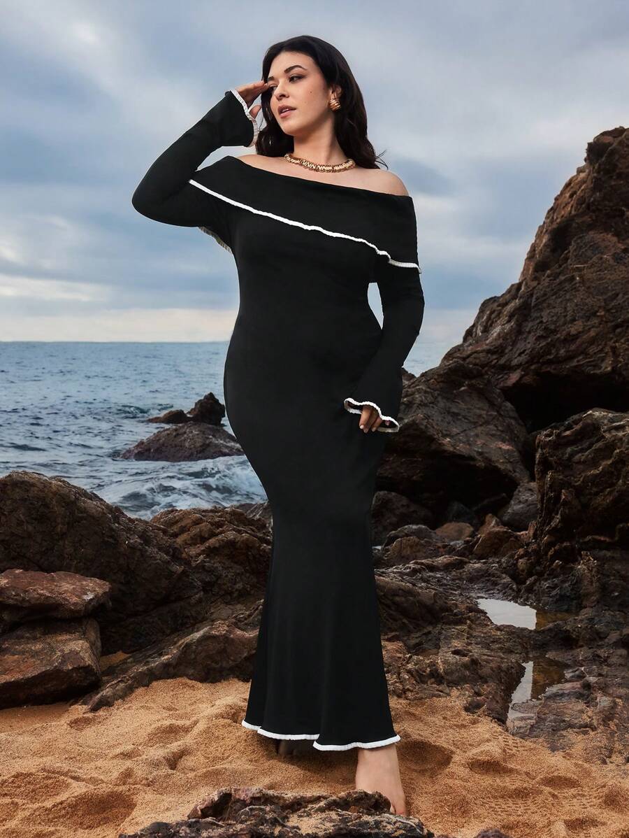 SHEIN VCAY Plus Size Off Shoulder Sheath Dress, Solid Color With Contrast Trim