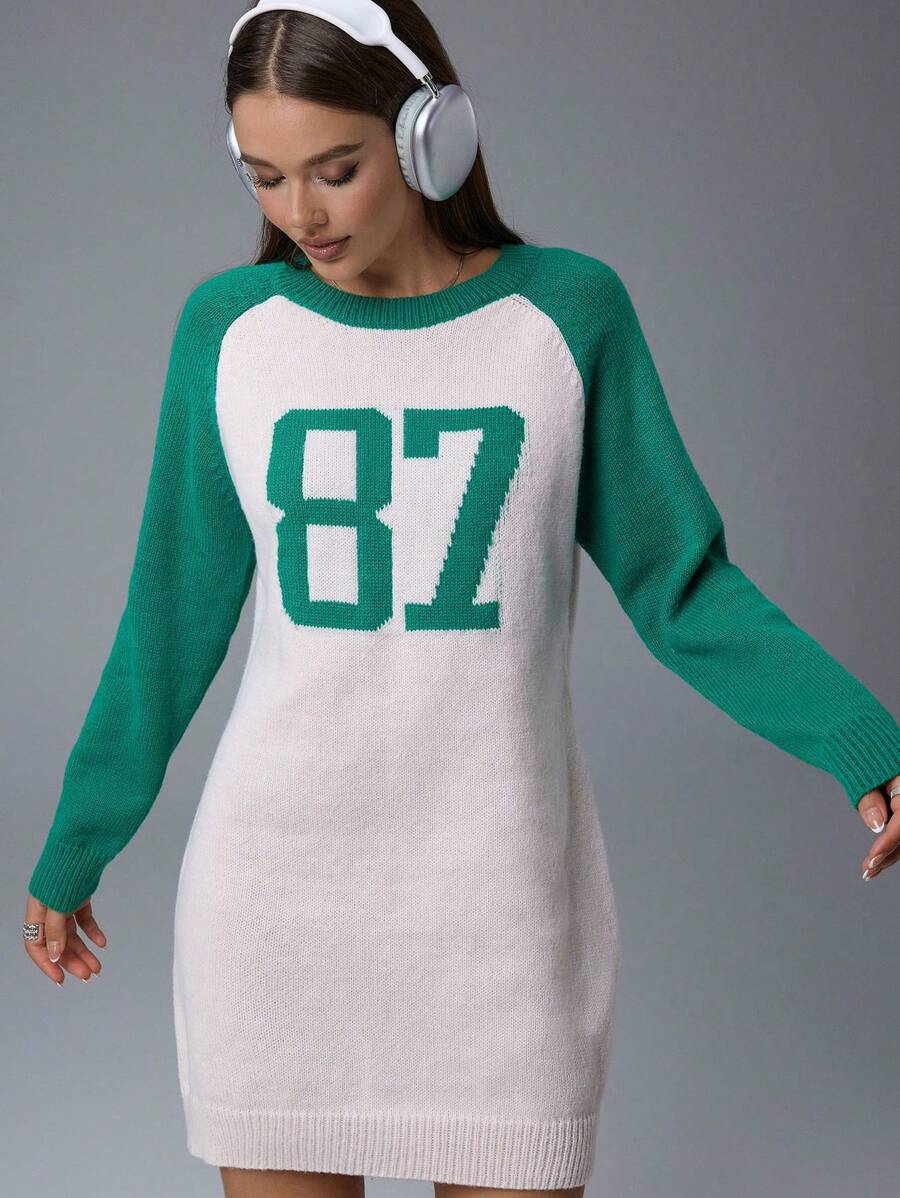 Flirla Women's Solid Color Patchwork Round Neck Long Sleeve Minimalist Casual Knit Sweater Dress With Digit Pattern Details