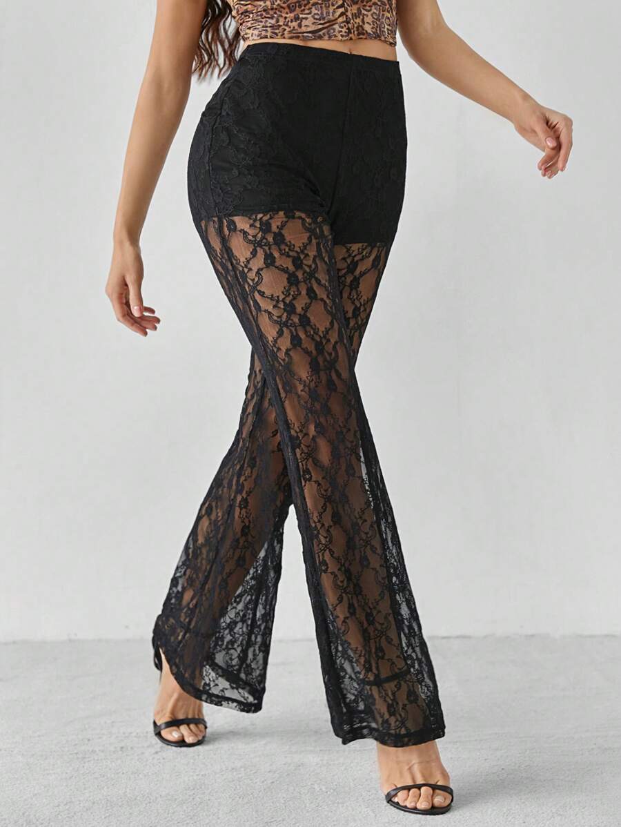 SHEIN Tall Resort Knitted Lace High Waisted Flared Women's Trousers
