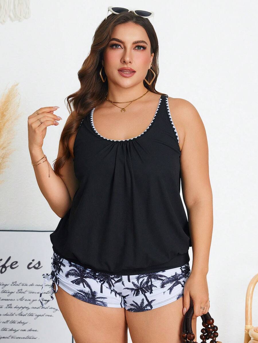 Swim Lushoire Tankini de verano para mujer de talla grande con patrón de árbol de coco y borde dentado