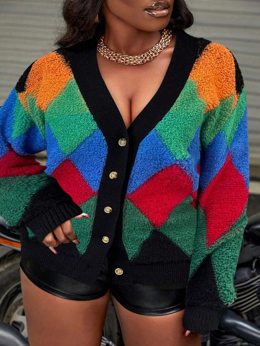 Slaydiva New Winter Contrast Color Knitted Cardigan, Casual Streetwear For Valentine's, New Year, Party, Daily Wear