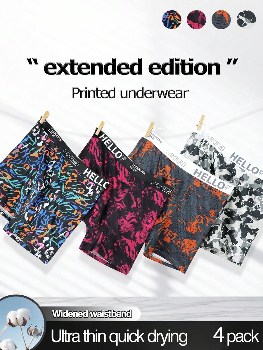 Set de 4 calzoncillos boxer casuales para hombre con estampado de letras y parches