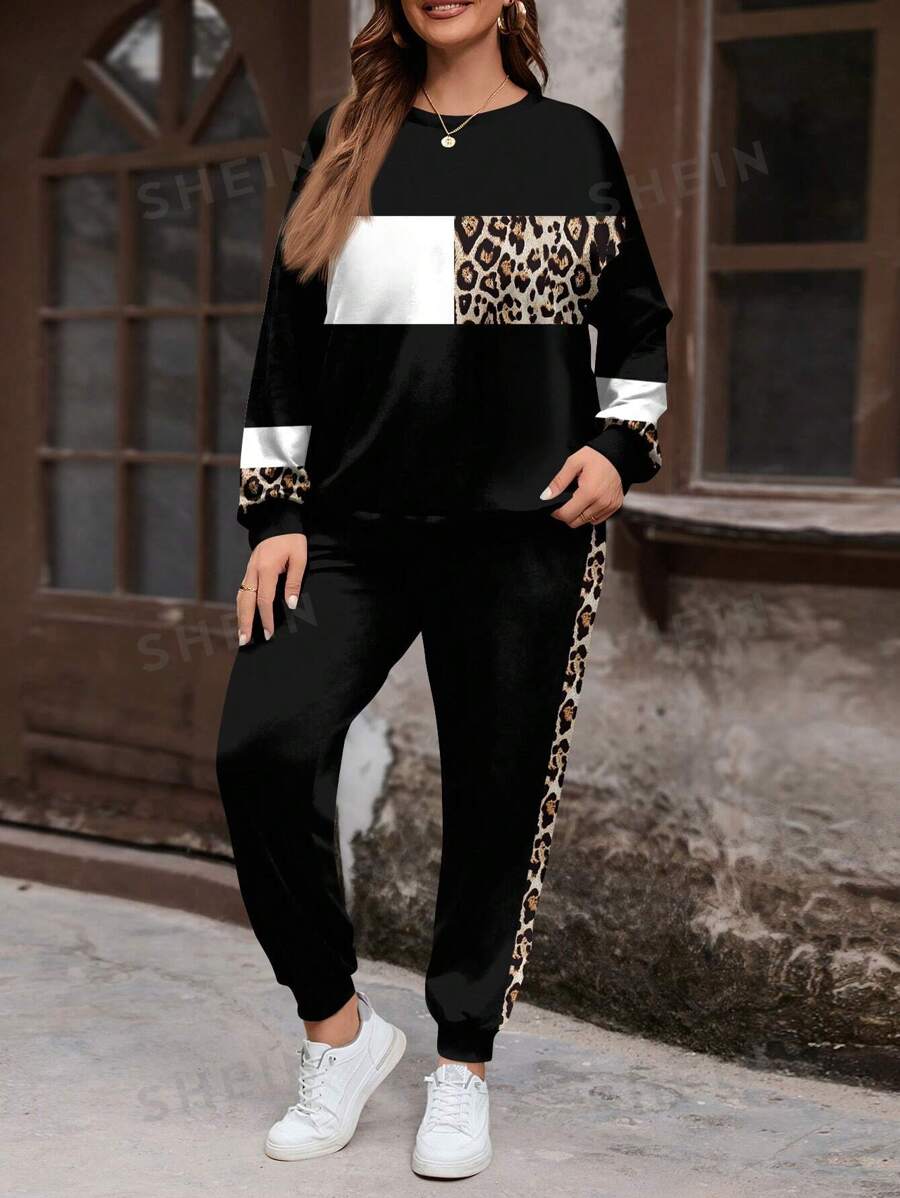 SHEIN LUNE Set de 2 piezas Outfit casual minimalista con estampado de leopardo para talla grande, otoño/invierno