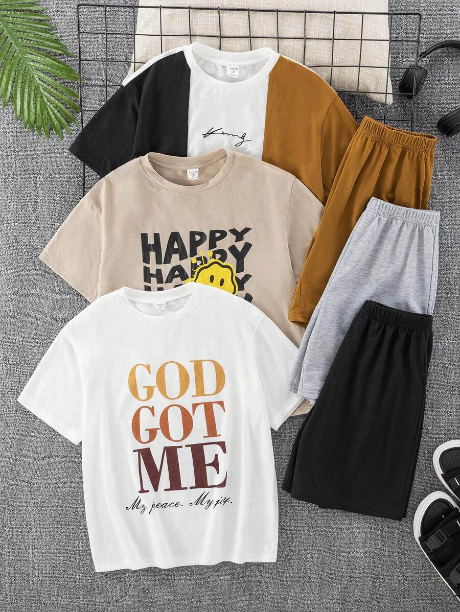 6pcs/Set Tween Boys' Casual Short Sleeve T-Shirt And Shorts Set
