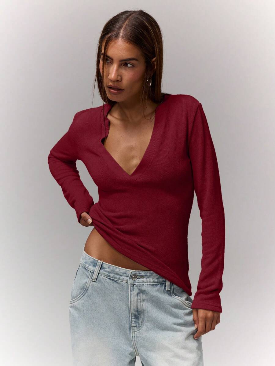 MUSERA Notch Neckline Long Sleeve Fitted Top Casual Summer Elegant Summer Vacation Airport Holiday Cute