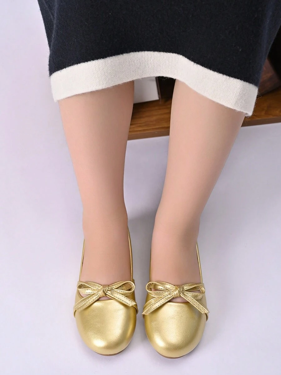1 Paio Di Scarpe Da Principessa Piatte Da Ragazza In Pu Dorate Con Fiocco, Adatte Per Primavera/Estate