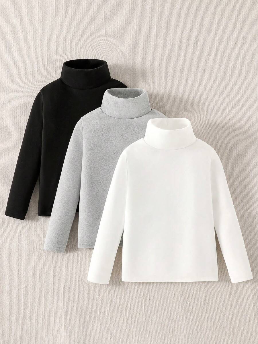 SHEIN Explorewe 3pcs/Set Tween Girl Cat Pattern High Neck Long Sleeve Thermal Lined Casual T-Shirts