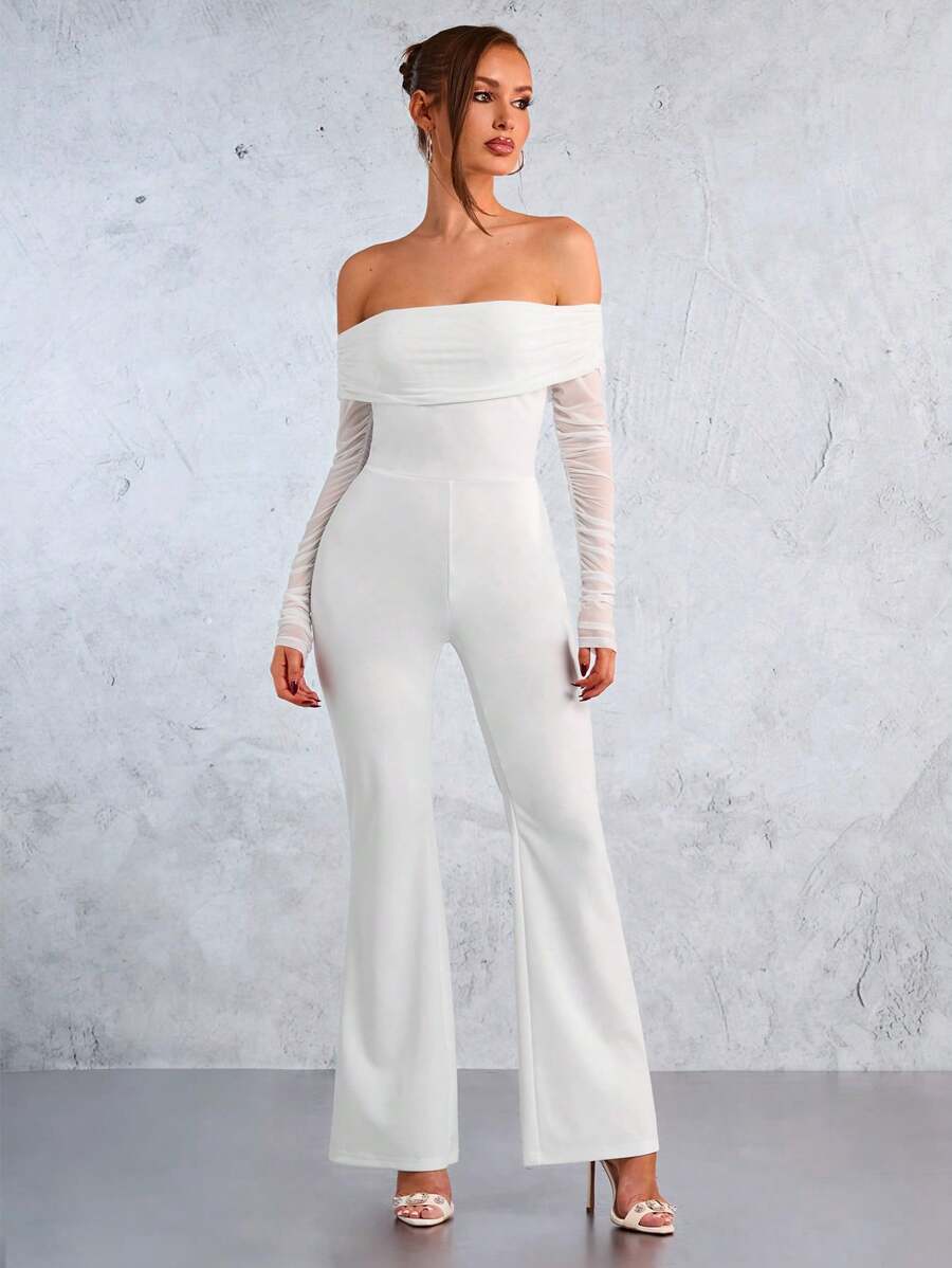SHEIN SXY One-Piece White Clothing Valentine's Day Women's Mesh One-Shoulder Sexy Jumpsuit Suitable For Dating, Gatherings, Bachelorette Party Outfits, Nightclubs, Coquettish, Casual And Versatile