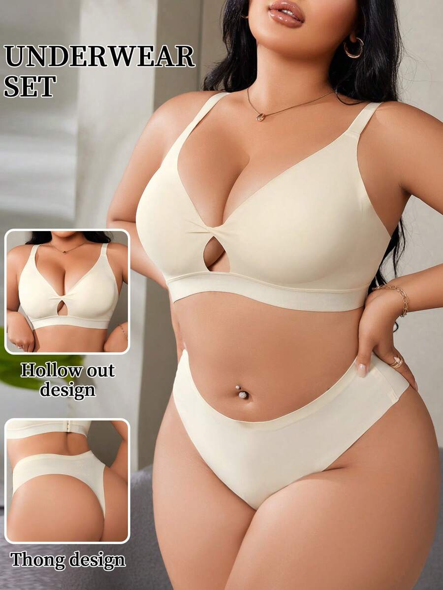 Conjunto de lencería sin costuras de talla grande para mujer, con sujetador sin aros push-up y pantie simplista sólido, 2 piezas, para el Día de San Valentín