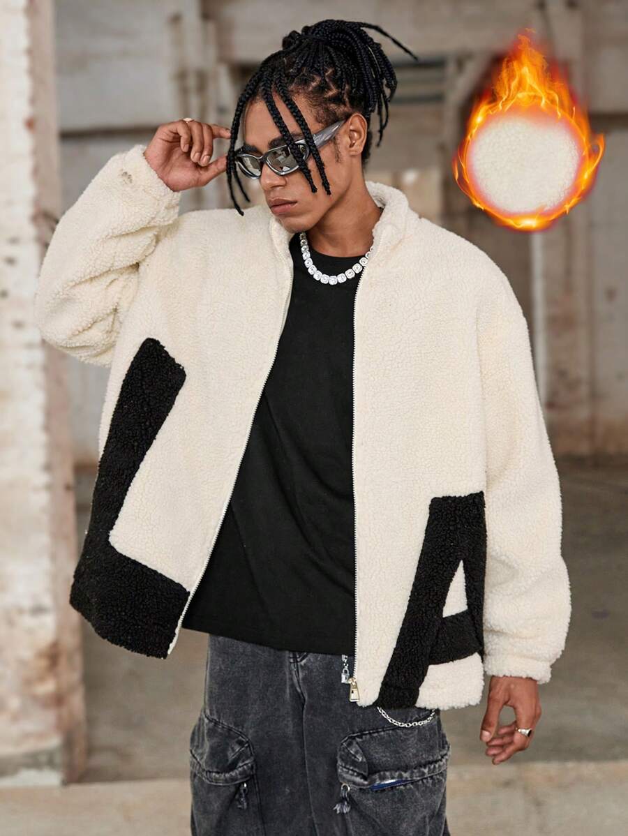Manfinity Streetrush Chaqueta de manga larga con cremallera frontal, detalle gráfico con letras y empalme de color liso para hombres
