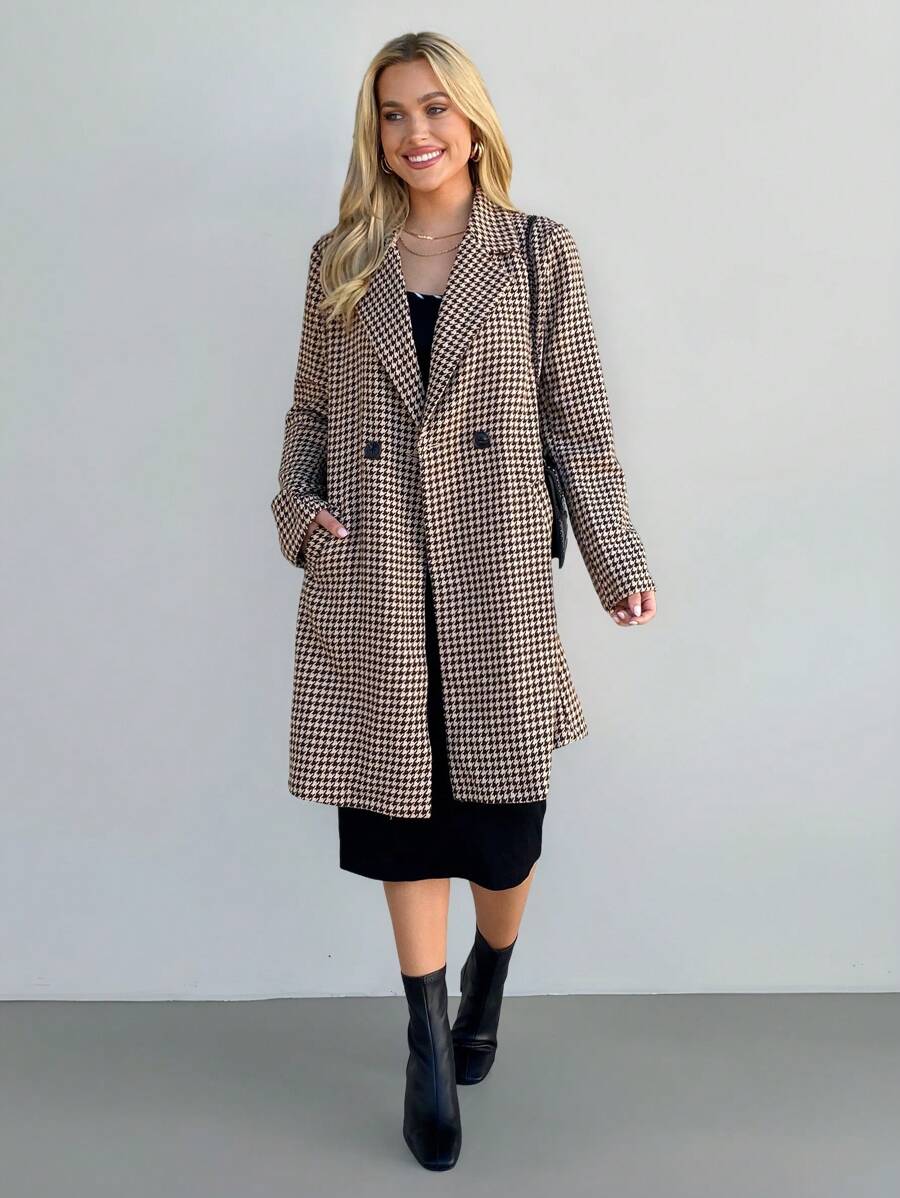SHEIN LUNE Women's Mid-Length Double Pocket Long Sleeve Casual Jacket With Houndstooth Pattern,Long Coat
