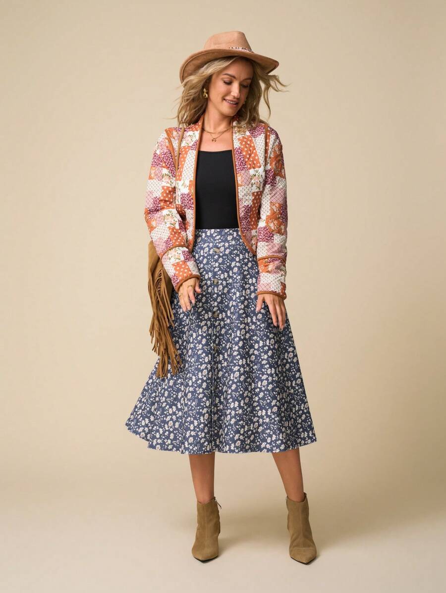LanaWest Women's Navy Blue Ditsy Floral Corduroy Button Front A-Line Skirt