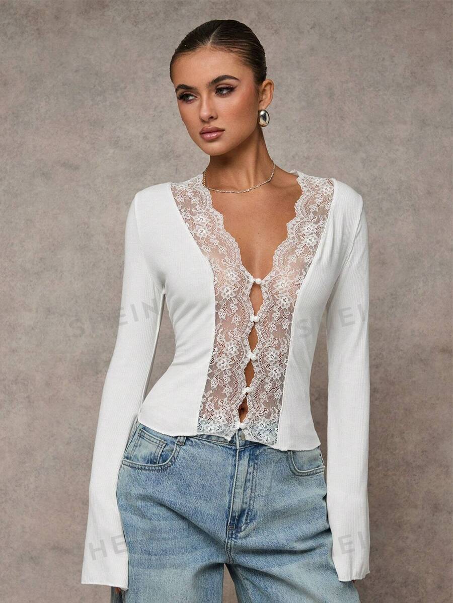 SHEIN BAE Ropa de invierno para mujer, cárdigan con top de encaje sexy de manga larga, top de Navidad