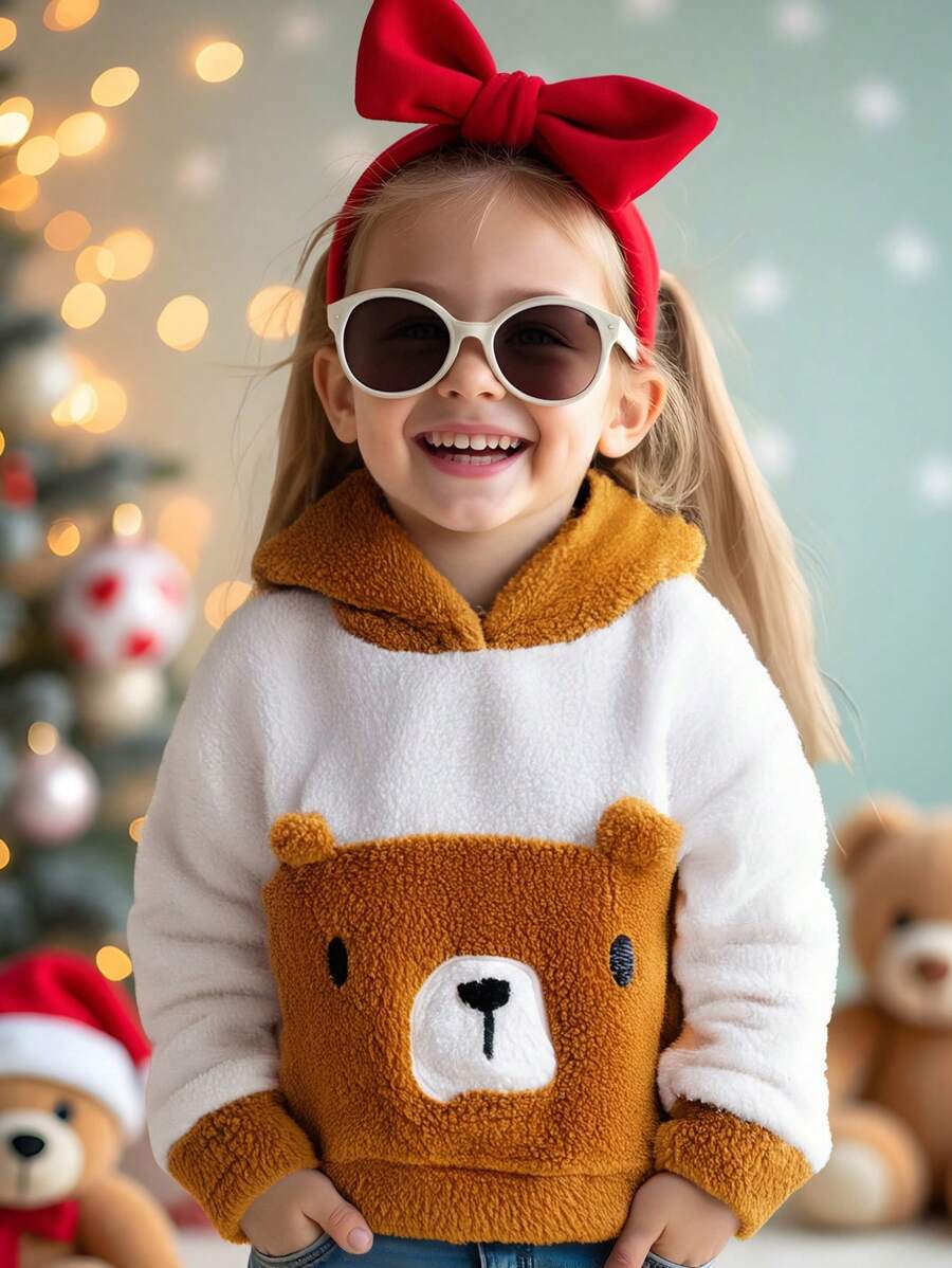 SHEIN Young Girl's & Young Girl's Reversible Fleece 3D Ear Bear Embroidered Sweatshirt, Suitable For Casual Daily Wear