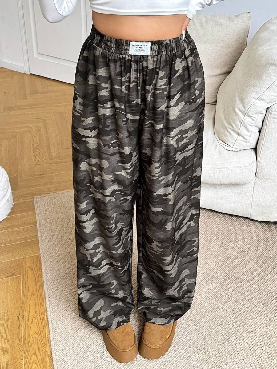 SHEIN EZwear Camouflagepatroon Hoge taille Rechte pijp Plus Size Broek