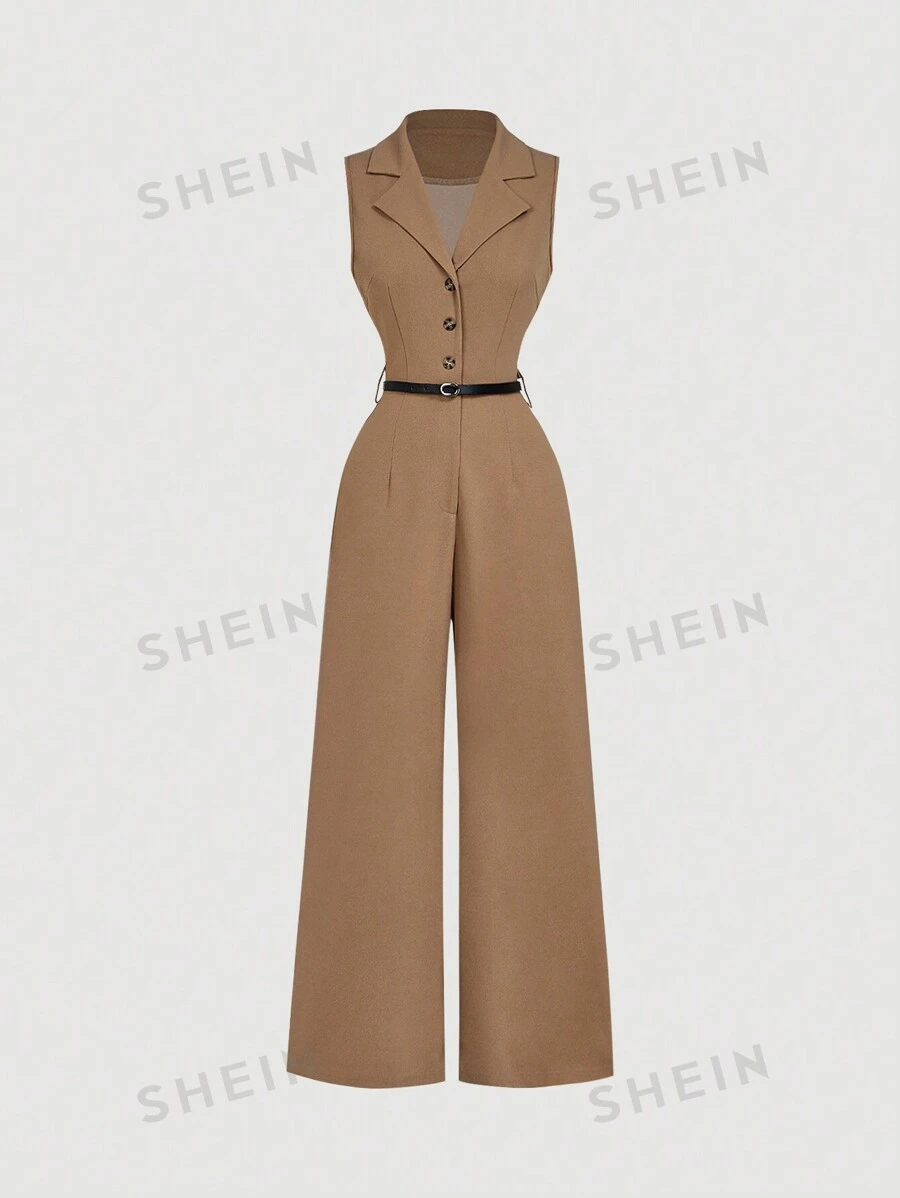 SHEIN MOD Mono vintage marrón con cuello de traje y cinturón, mono elegante, mono para salir, mono estilo occidental, outfit para vacaciones