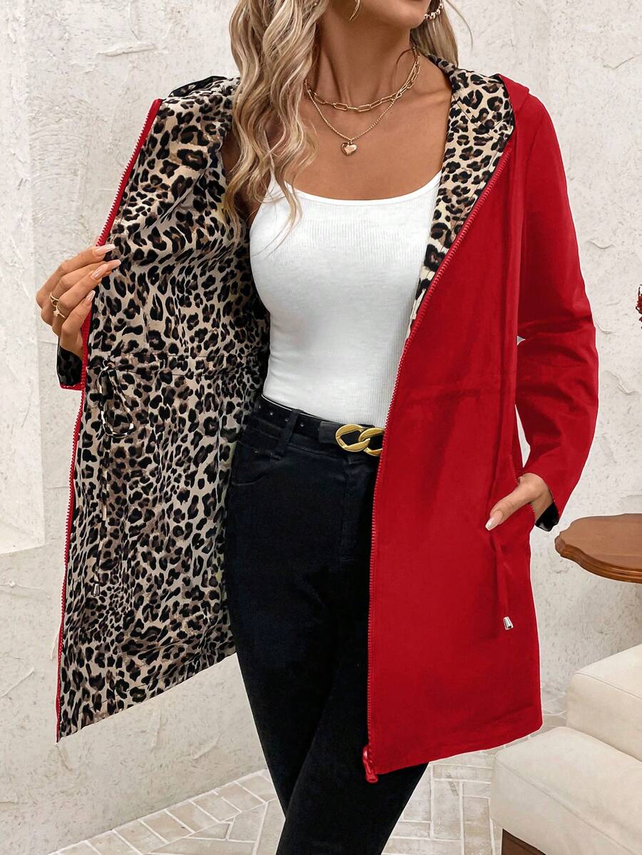 SHEIN Clasi Veste à capuche réversible avec poches zippées à imprimé léopard pour femmes, manches longues