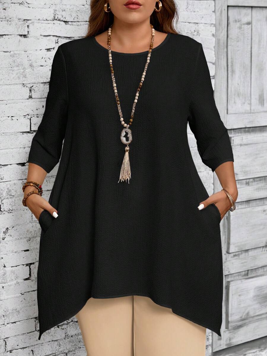 EMERY ROSE Plus Size Women Round Neck 3/4 Sleeve Asymmetric Hem Casual White Shirt, Spring & Summer Fall Women Clothes