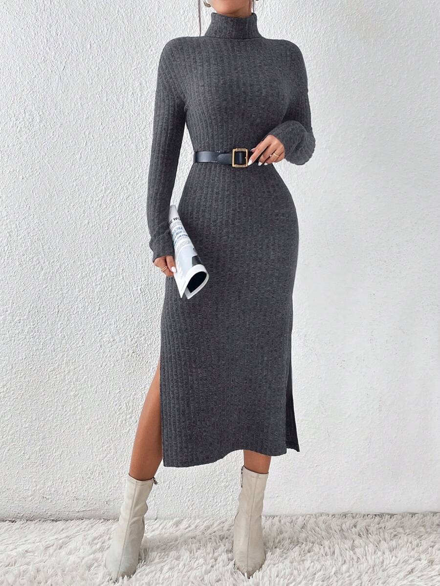 Firerie Women Plain High Neck Long Sleeve Split Hem Minimalist Dress