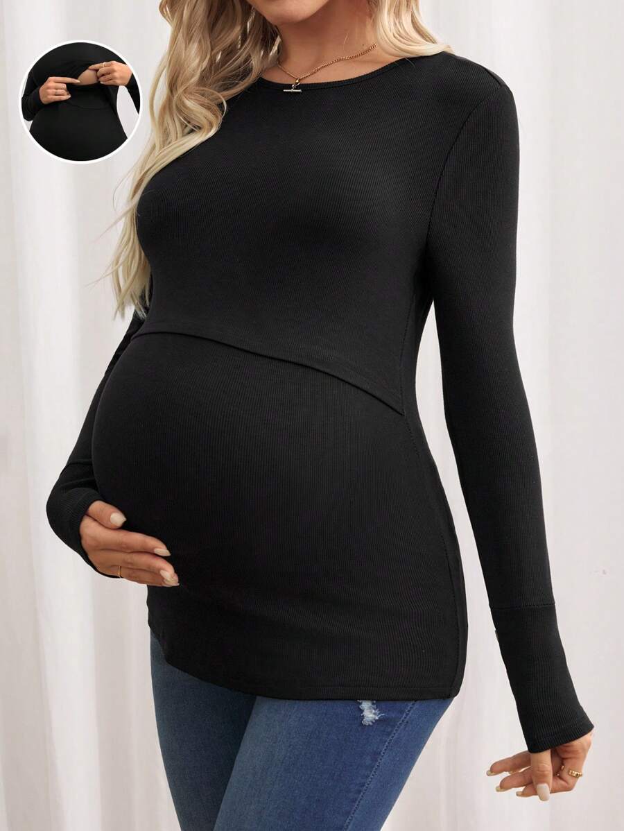 SHEIN Solid Color Long Sleeve Casual Round Neck Fitted Maternity Nursing T-Shirt