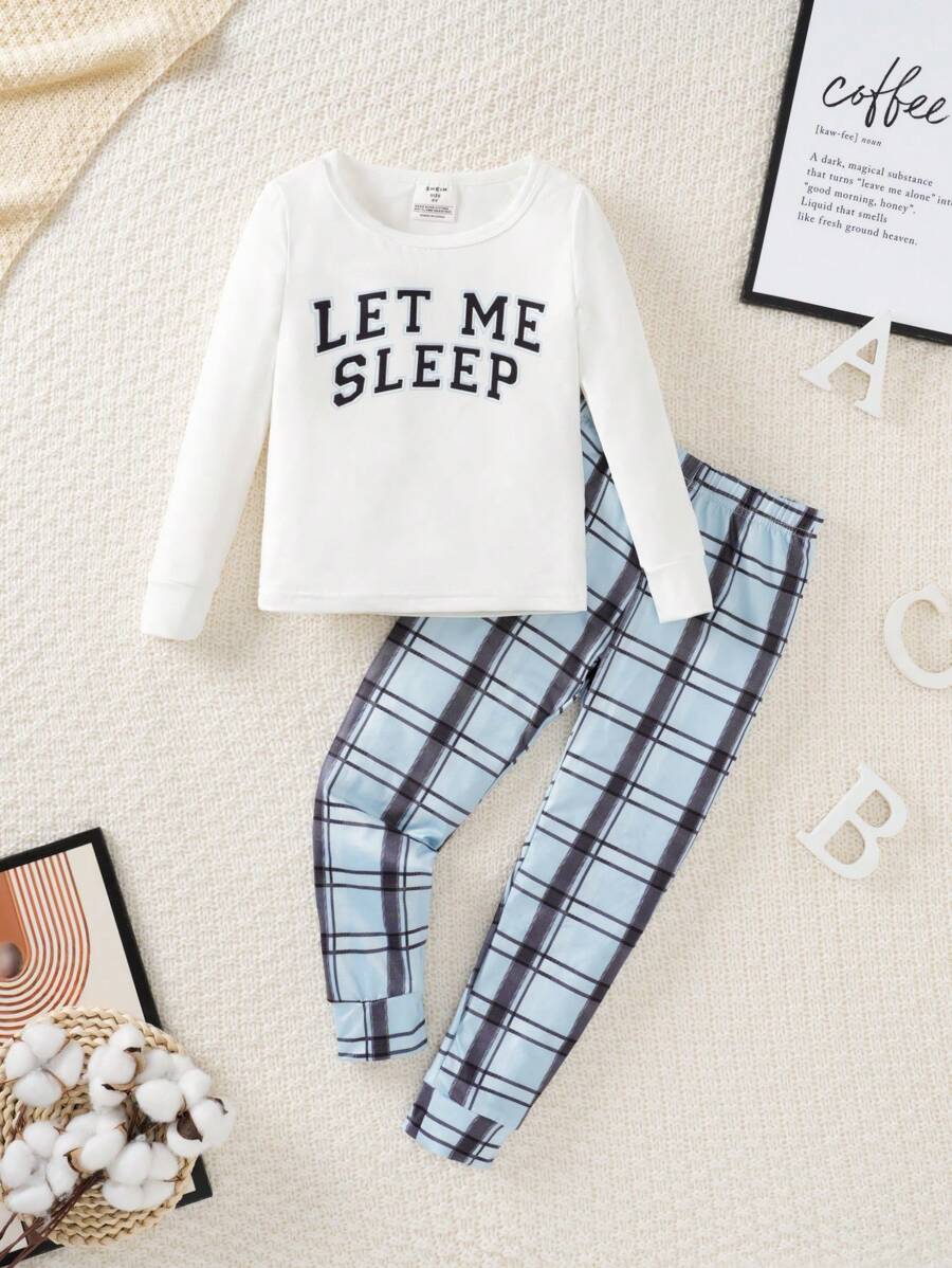 SHEIN Young Boys Minimalist Casual High Elastic Pale Blue Plaid Snug Fit Homeware Set - Long Pants And Long Sleeve Top, 2pcs