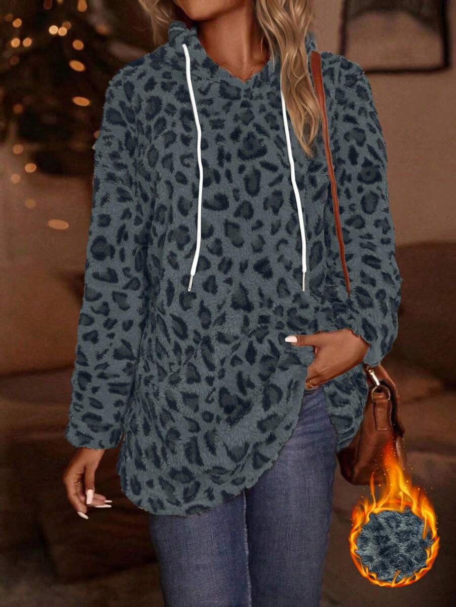 SHEIN LUNE Sweatshirt à capuche et cordon de serrage à motif léopard pour femmes, automne/hiver