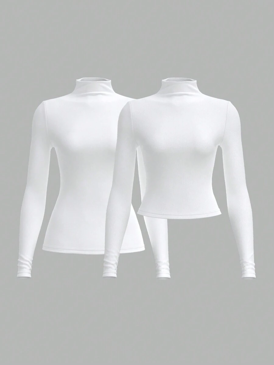 SHEIN BASICS 2pcs Set Plain Knit Stand Collar Long Sleeve Fitted Women T-Shirts