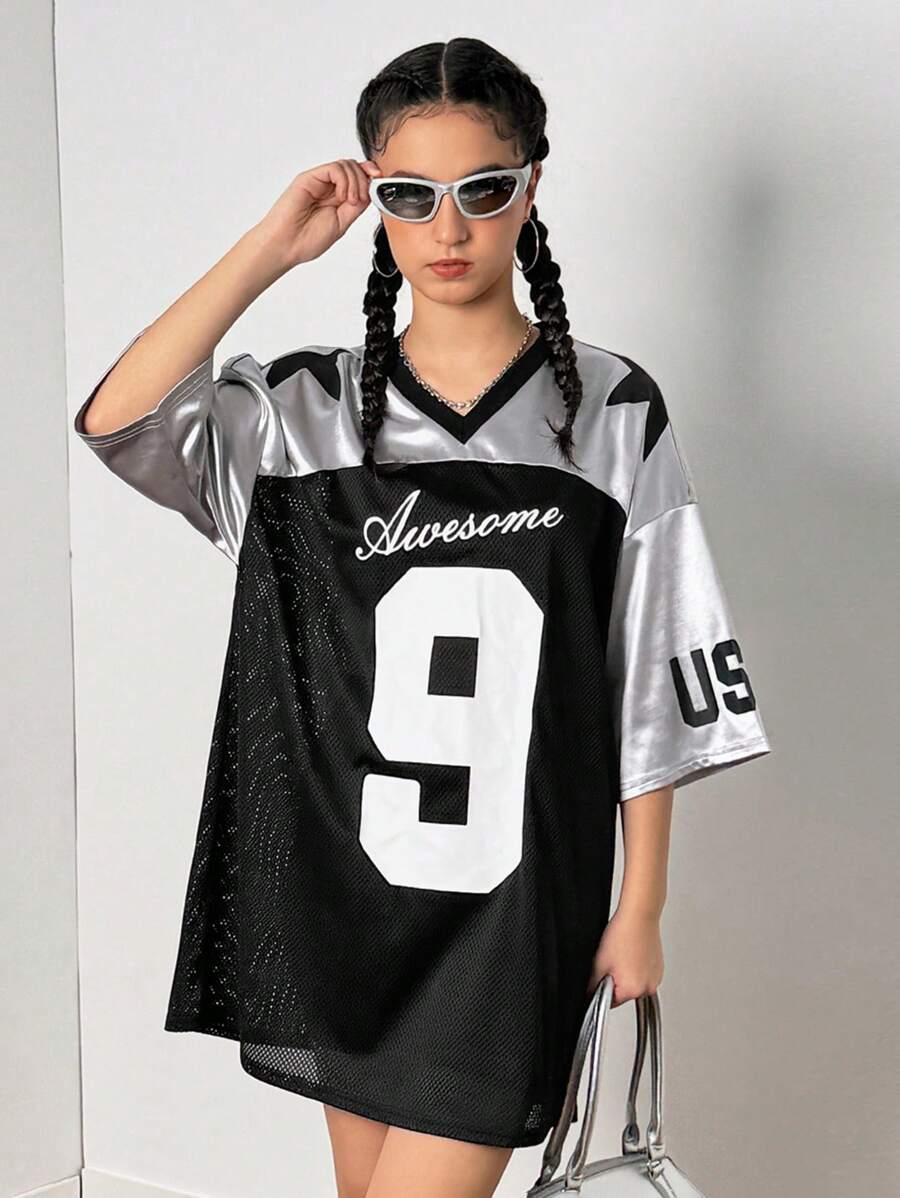SHEIN Tienermeisjes Zwart Color Block Zilveren Letter & Numerieke Sterrenprint Blauw Sportief Streetwear Casual Contrasterende Kleur Campus T-shirt