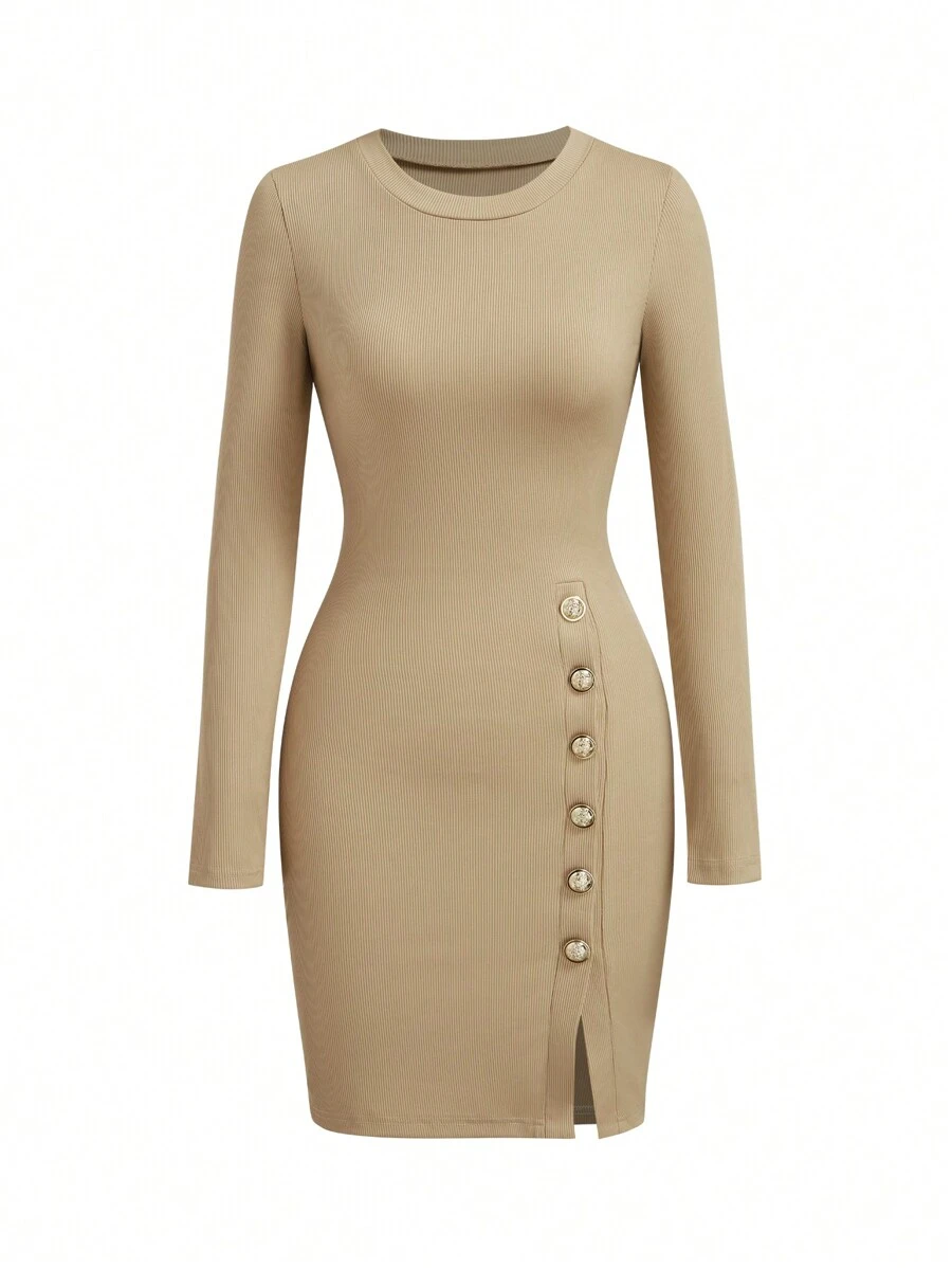 INAWLY Women's Fitted Button Crew Neck Split Long Sleeve Dress