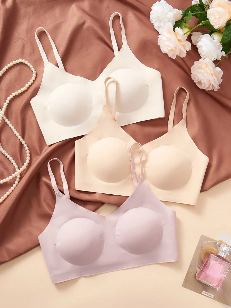 SHEIN Set de 3 sujetadores acolchados con cierre de 3 ganchos, estilo minimalista sin costuras y ajustables para adolescentes, que dan elevación y soporte