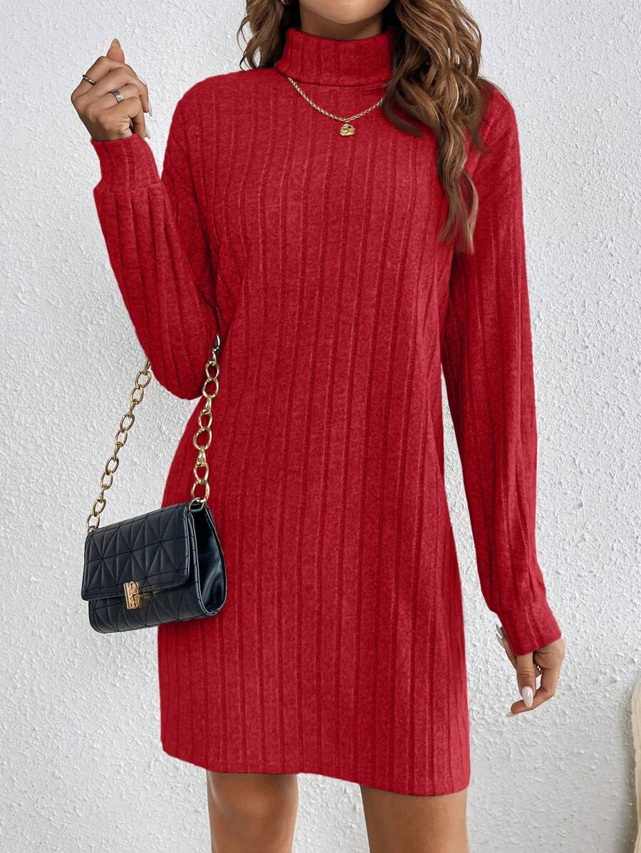 SHEIN Frenchy Women's Turtleneck Long Sleeve Ribbed Bodycon Textured Fabric Black Dress,New Years Women Outfit