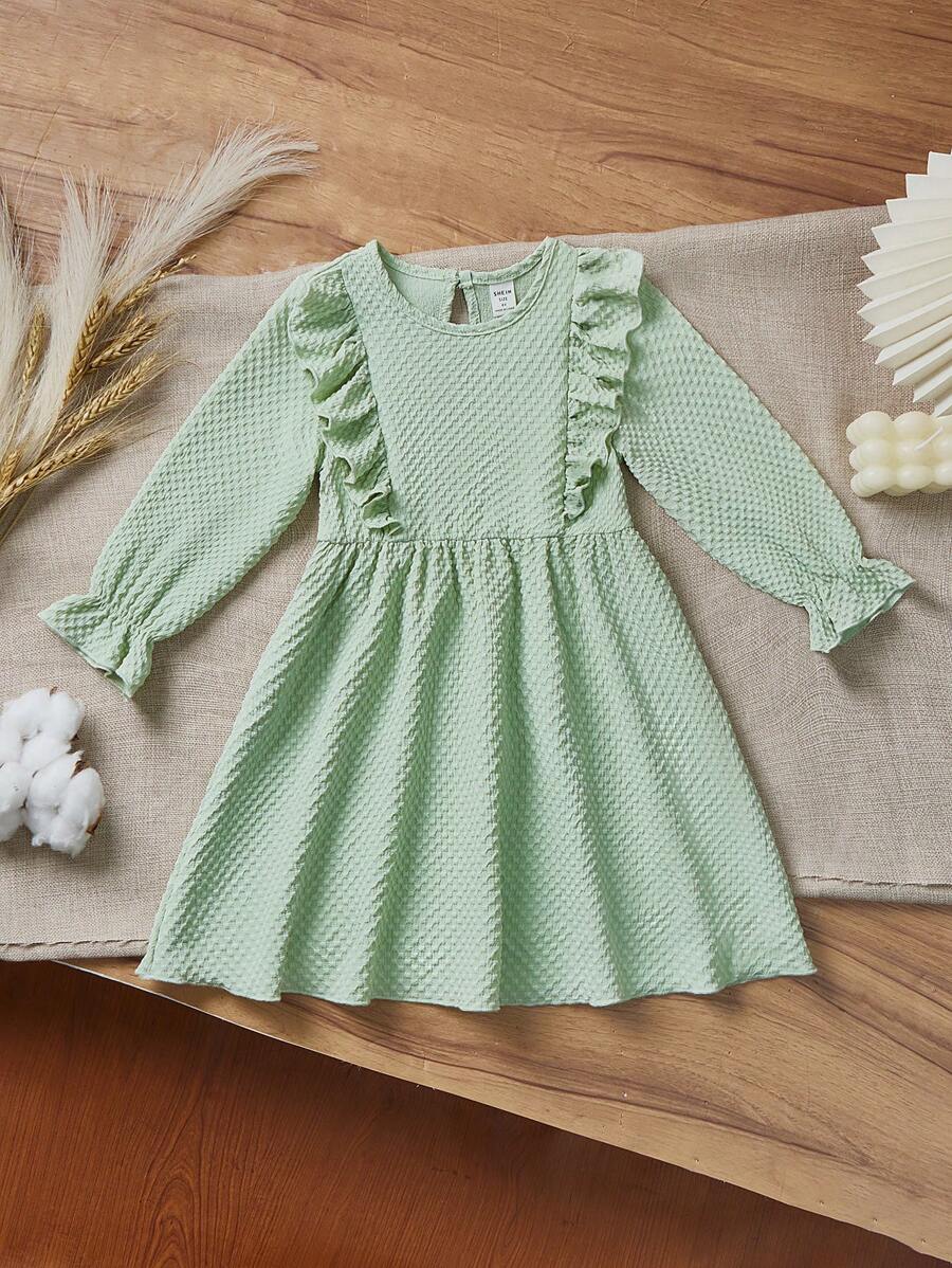 SHEIN Young Girl Solid Color Round Neck Ruffle Long Sleeve Cute Casual Dress