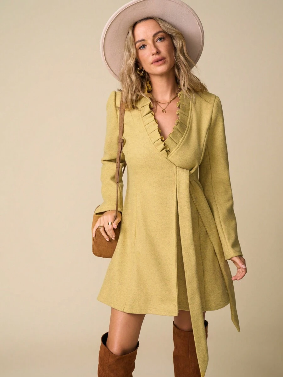 LanaWest Abrigo informal de mujer de unicolor con cintura ceñida, para otoño e invierno