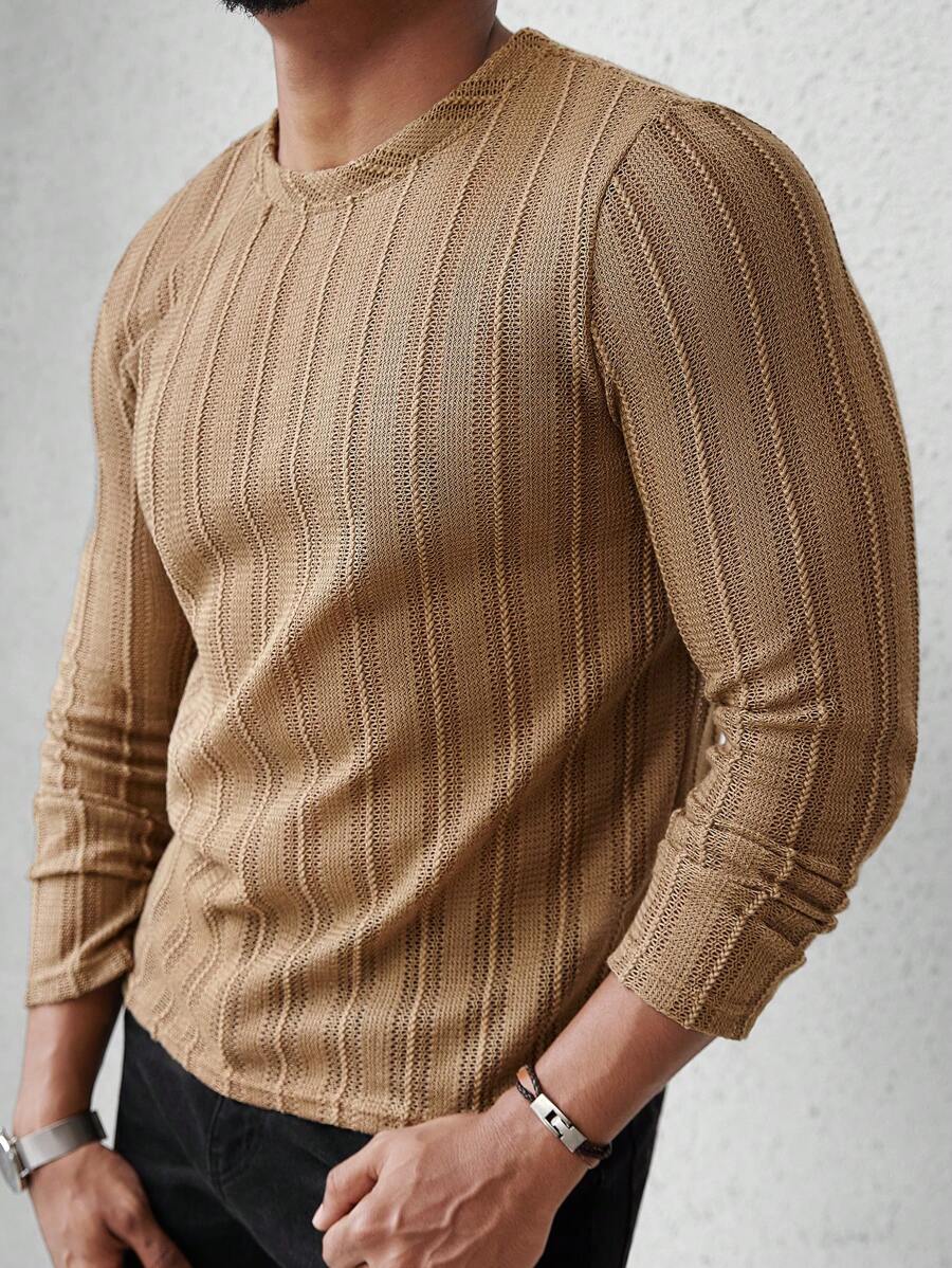 Manfinity Homme Camiseta Casual Masculina de Gola Careca de Manga Longa e Cor Sólida Simples