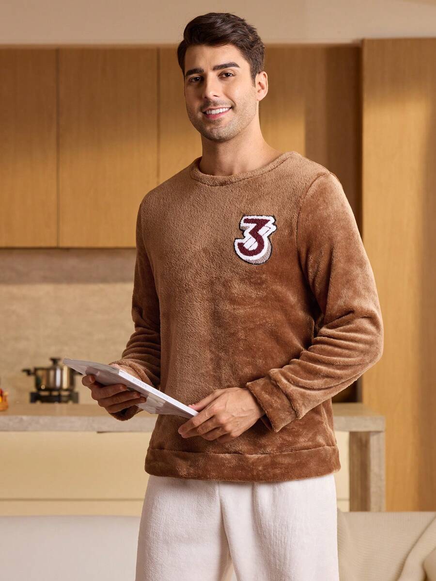 Manfinity Underwear&Sleepwear Basics Camisa casual de manga larga con cuello redondo y gráfico para hombre