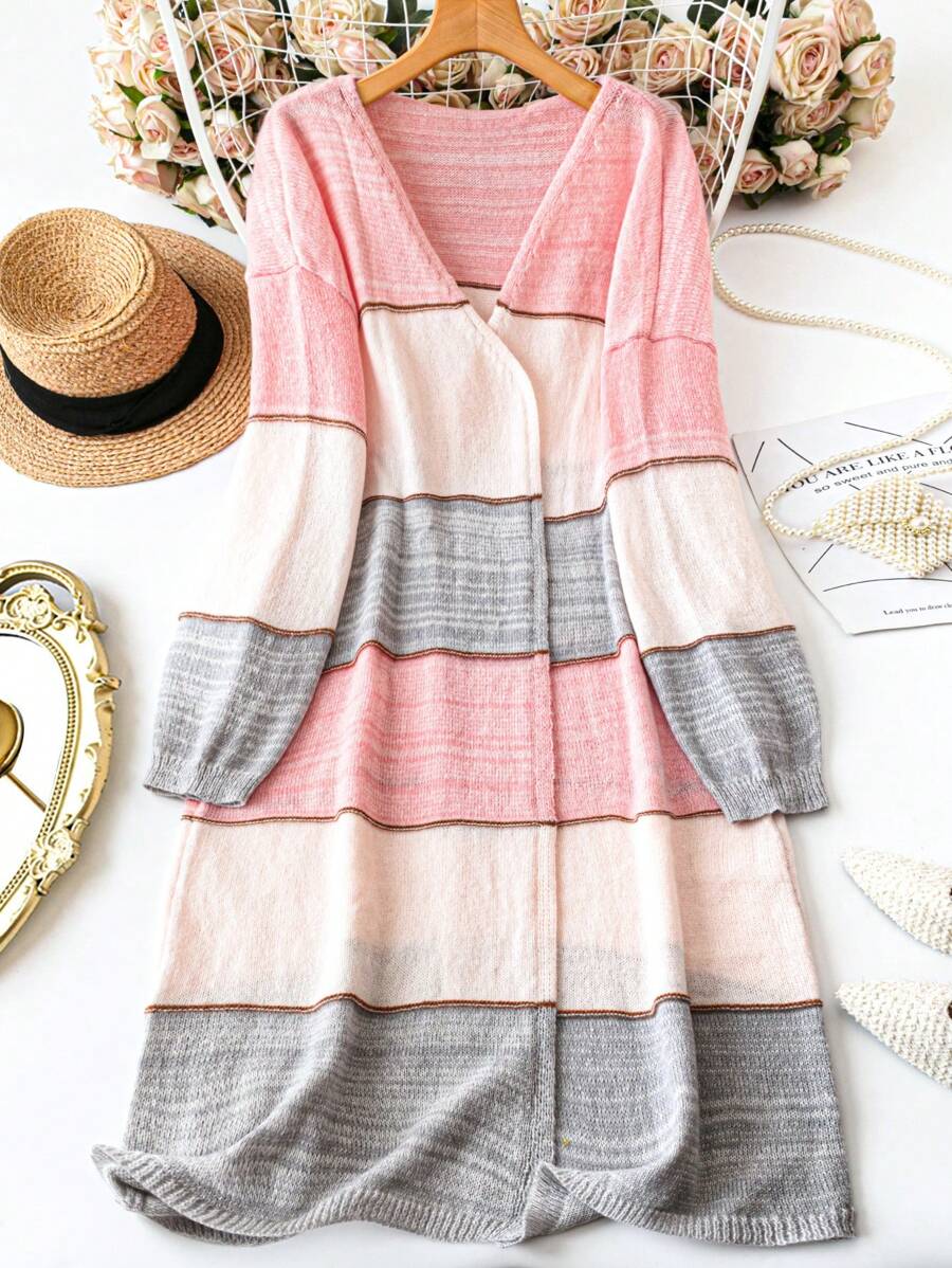 SHEIN LUNE Plus Size Solid Color Patchwork Long Sleeve Cardigan, Casual Everyday Wear