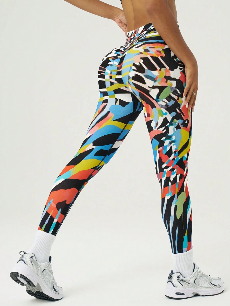 SHEIN Sport Gameset Leggings senza cuciture in vita alta con stampa colorata di moda