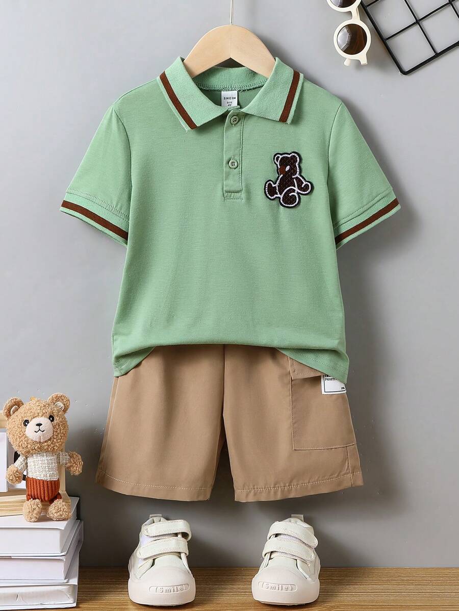SHEIN Jonge jongen Cartoon Beer Contrast Kleur Korte Mouw Casual Polo Top En Shorts 2 Stuks Set