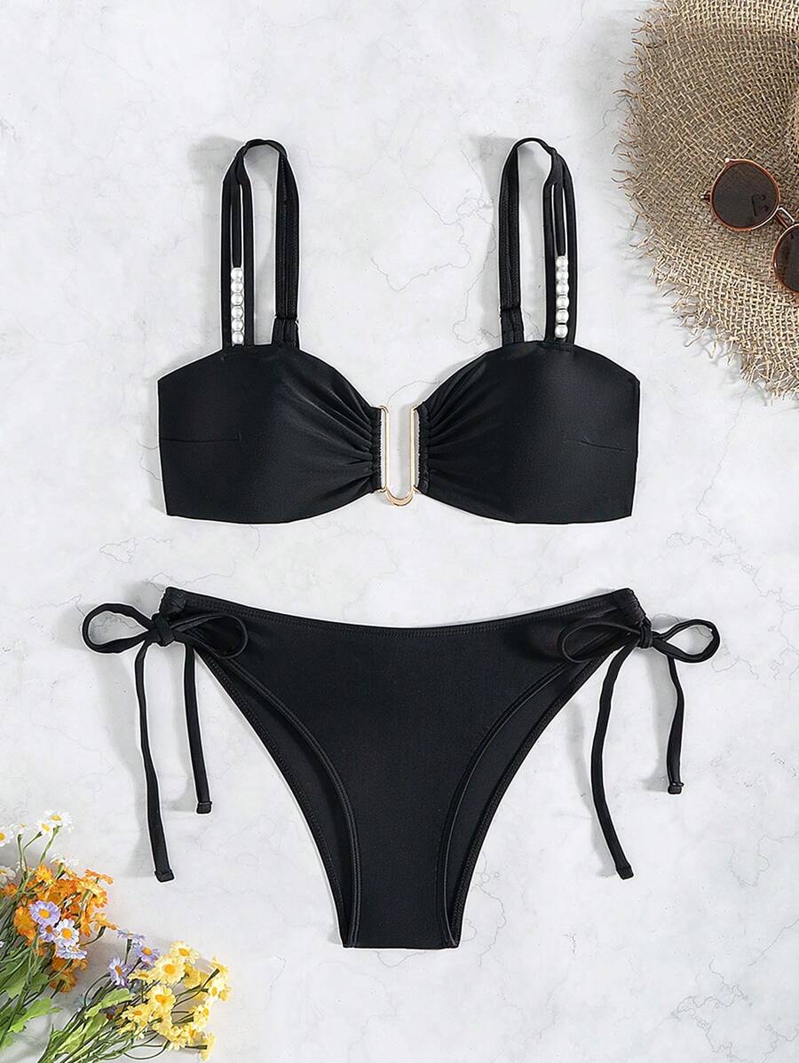Women's Solid Color Pearl Strap Metal Buckle Backless Tie Bikini Set, Beach Outfits For Summer Beach Vacation