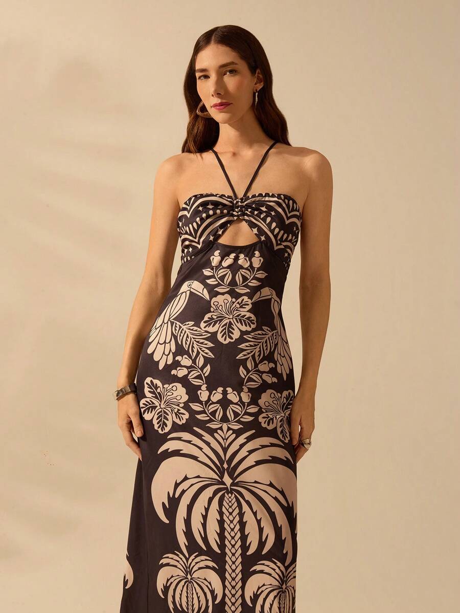 CAJUNI Vestido casual de verão com decote com laço, fenda e estampa boêmia tropical de pássaros, palmeiras e flores, para férias