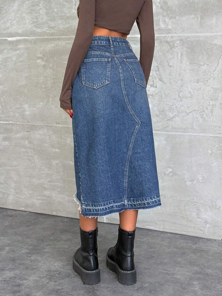 SHEIN Spódnica z denimu z niskim stanem i podartymi przetarciami